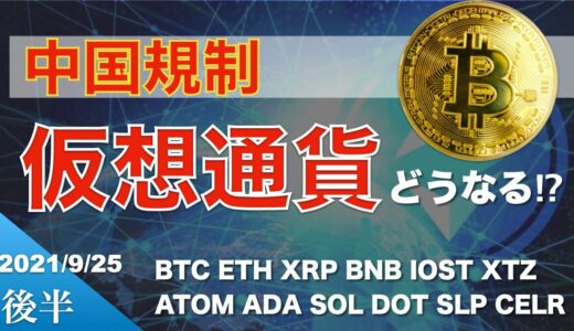 【BNB、IOST、XTZ、ATOM、ADA、SOL、DOT、SLP、CELR】中国規制、仮想通貨どうなる！？（2021年9月25日 相場分析）